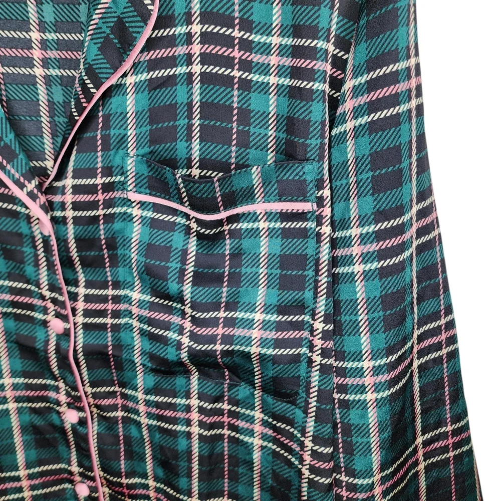 Ann Taylor‎ Sleep ~ Green & Pink Plaid Satin Pajama Set Size Large